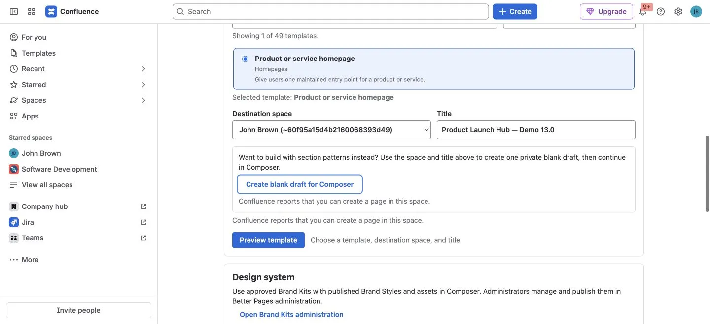 Home shows a selected Product or service homepage template, space, title, and blank-draft option
