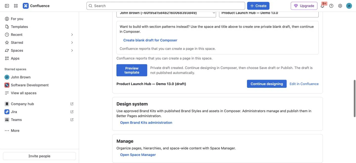 Home confirms a private draft and offers Continue designing and Edit in Confluence