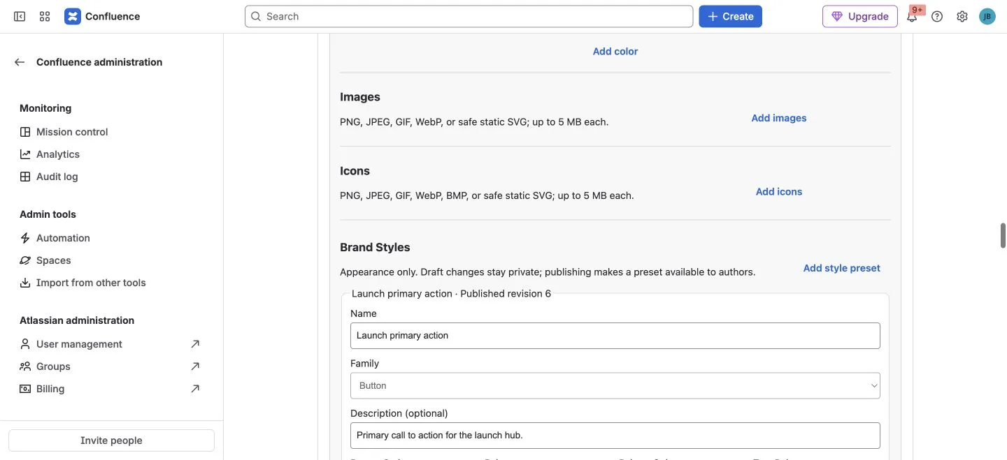 Better Pages administration shows a published Button-family Brand Style