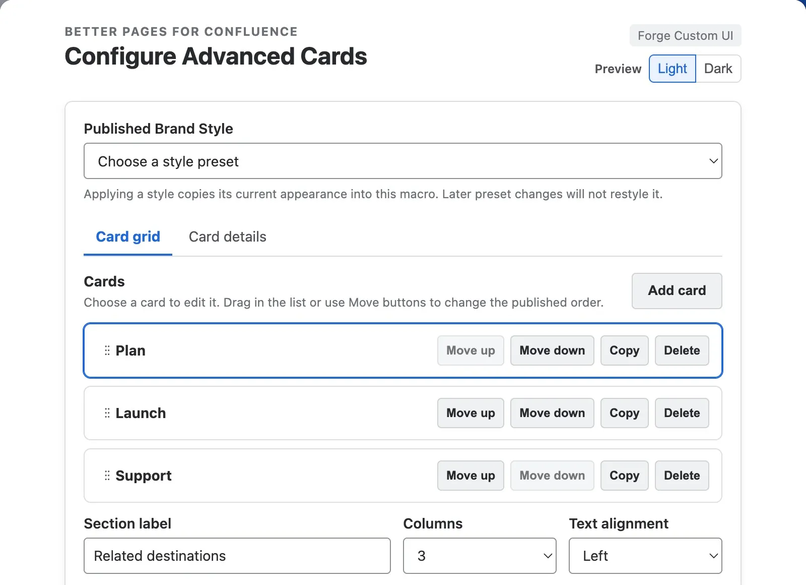 Better Pages Release 13 Advanced Cards editor showing Plan, Launch, and Support cards, reorder controls, and three-column layout