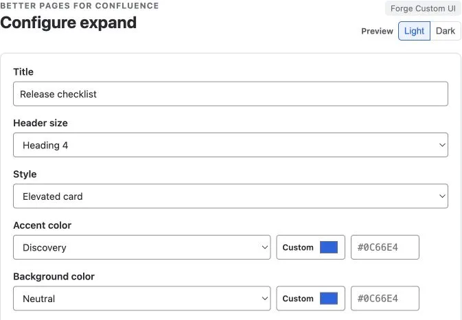 Advanced Expand configuration with Release checklist, Heading 4, Elevated card, and accent choices