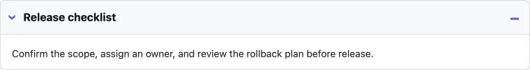 The same Release checklist expanded to show scope, ownership, and rollback guidance