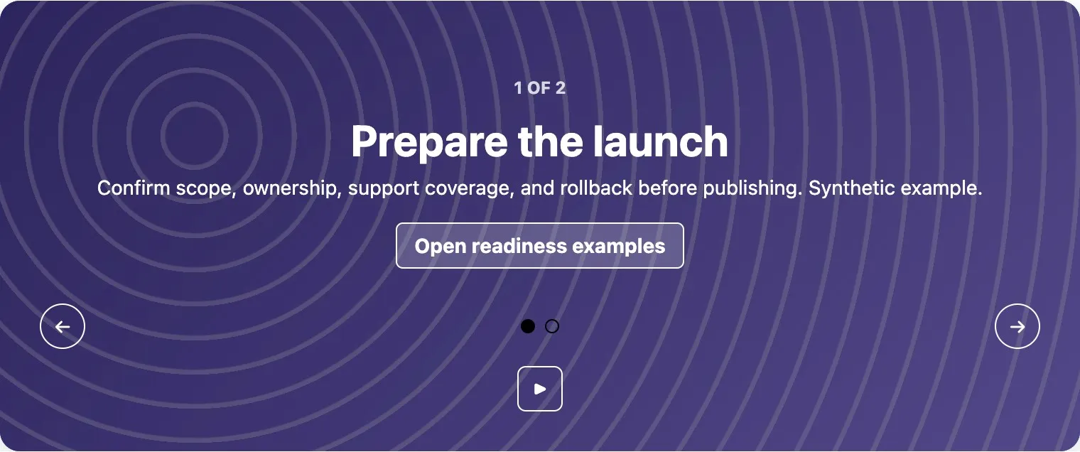 Published two-slide banner showing Prepare the launch, direct slide selectors, navigation arrows, and the resume control