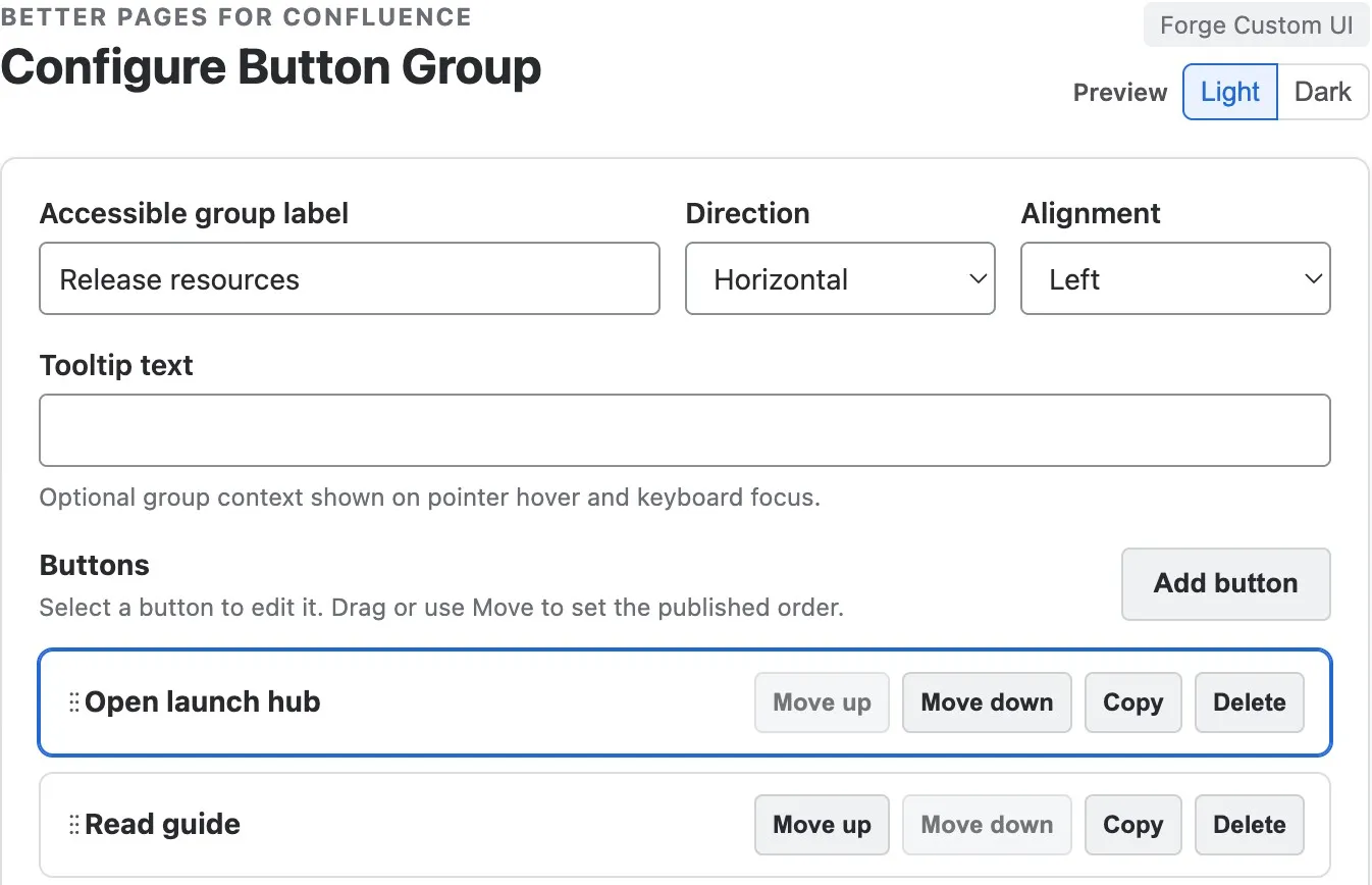 Button Group editor showing the Release resources label, horizontal direction, and two ordered buttons