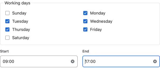 Calendar weekdays and start/end controls set to Monday–Friday, 09:00–17:00
