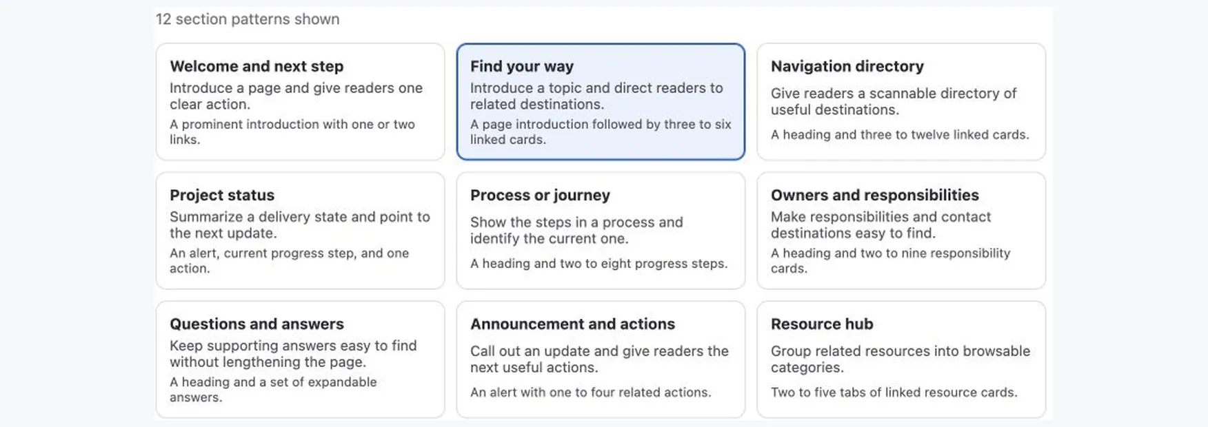 The Better Pages Release 13 Section Pattern Library with Find your way selected