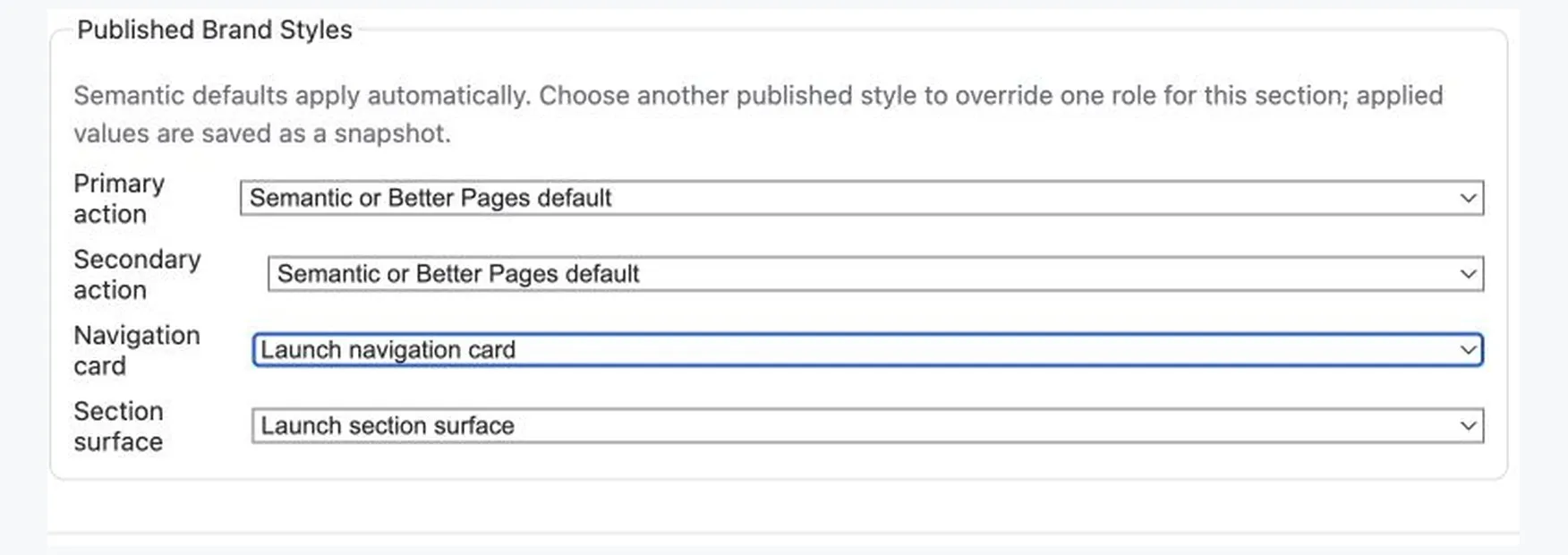 Composer offers published styles for primary action, navigation card, and section surface roles