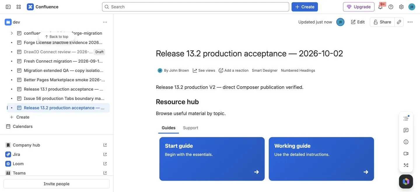 Release 13.2 published Resource hub shows distinct Guides and Support panels with the Guides cards rendered