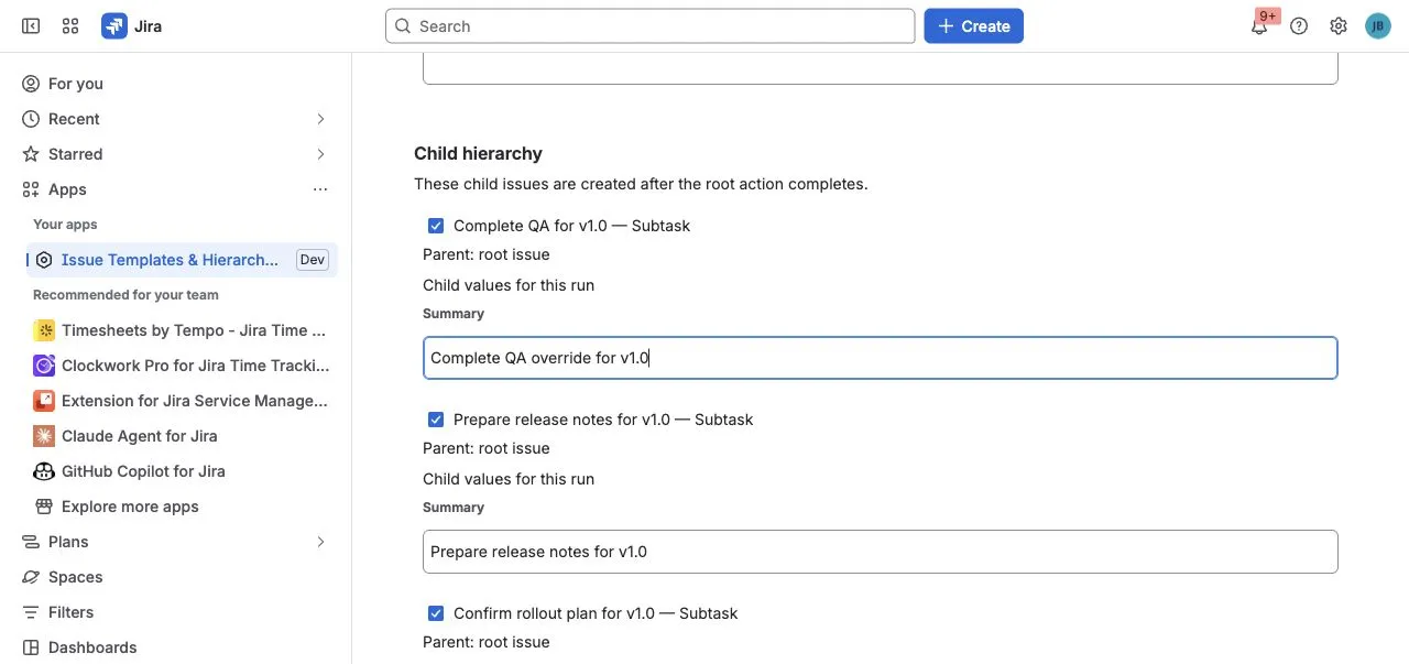 Create preview with selectable child work