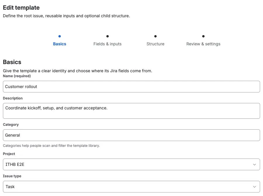 Choose the template identity and Jira context in Basics