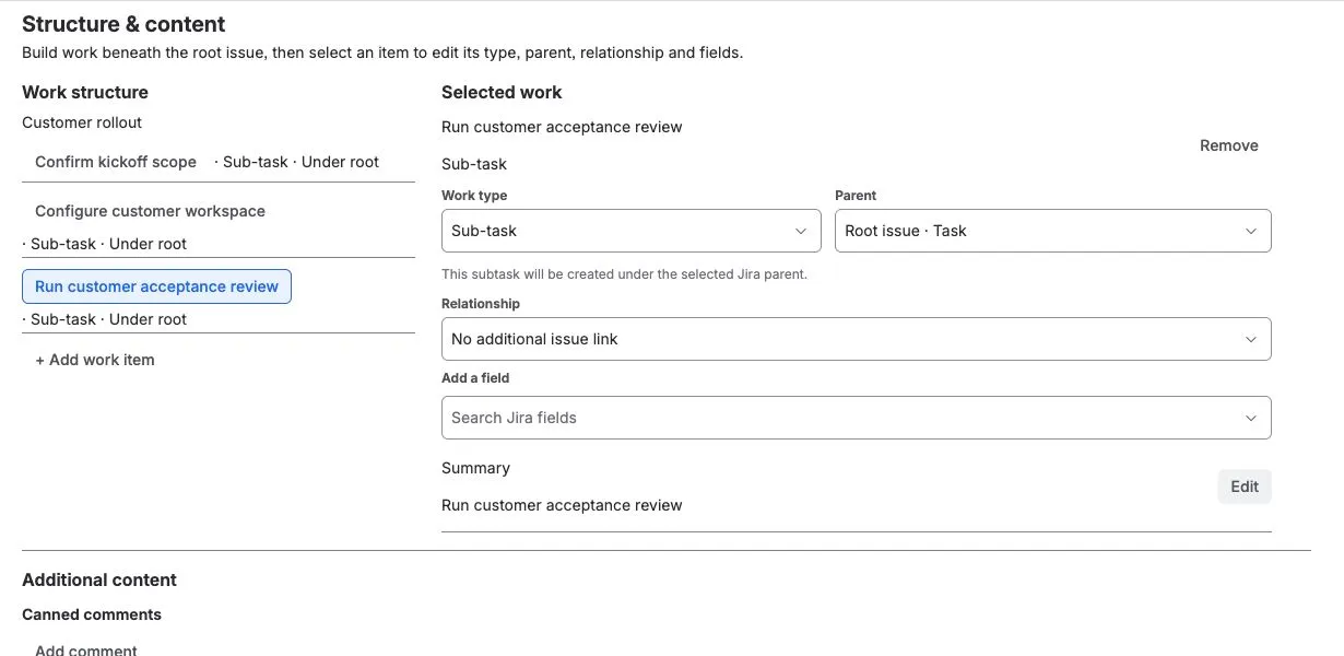 The Structure editor shows a Customer rollout root, three child items, and the selected child’s Work type, Parent, and Relationship controls