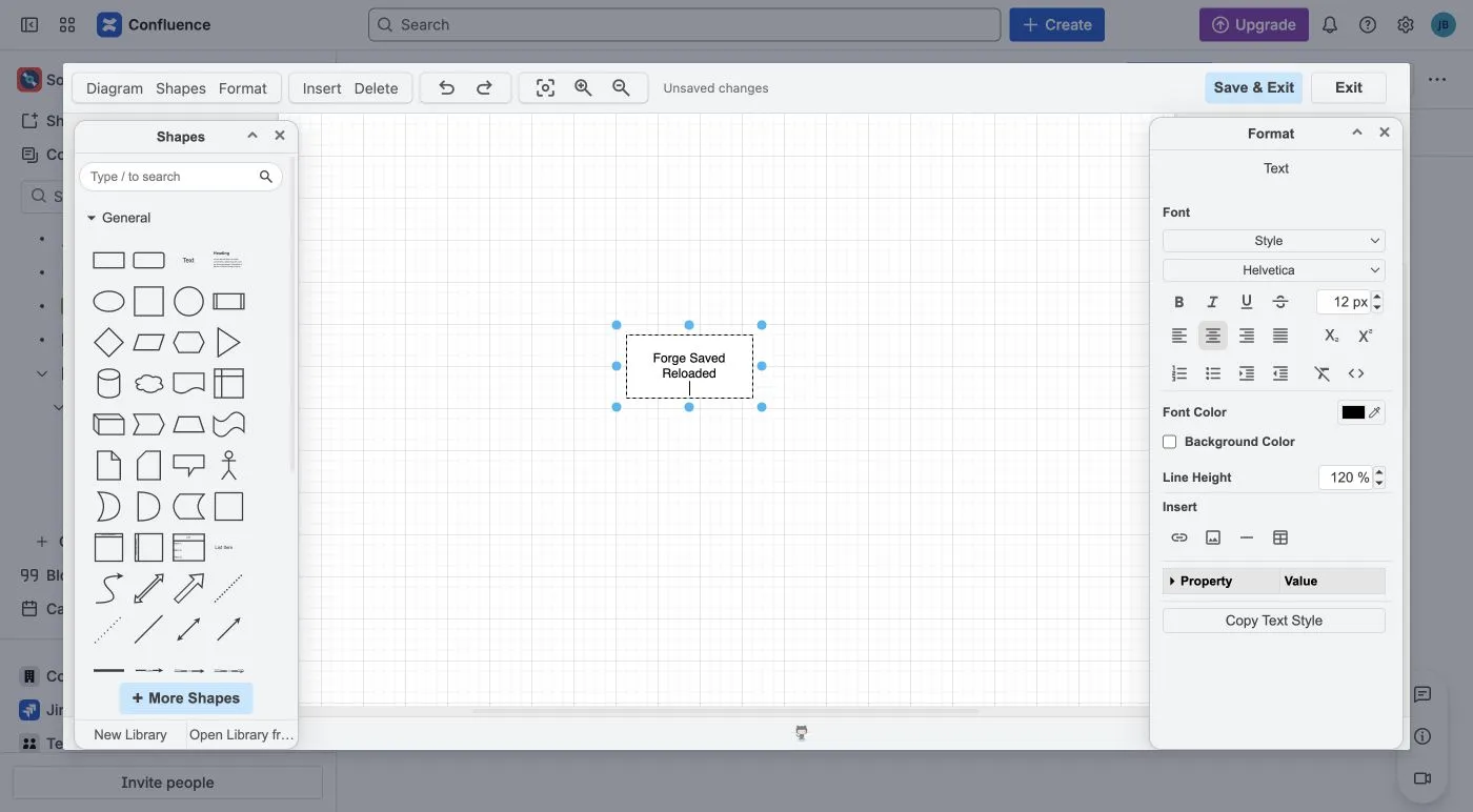 DrawIO editor with shape libraries, formatting controls, and Save and Exit