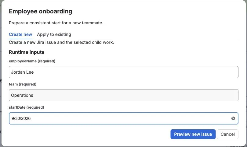 A Create new run asks for the employee name, team, and start date before preview