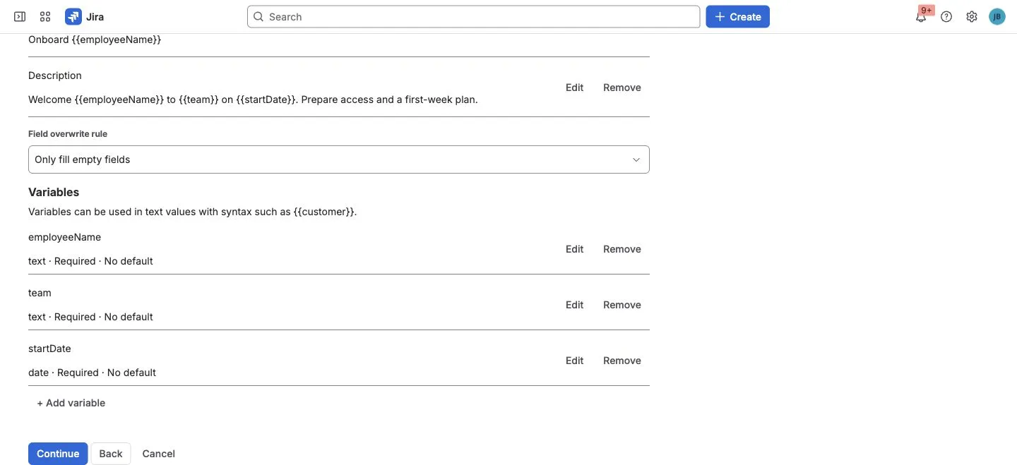 The Fields and inputs editor defines employeeName, team, and startDate as required variables