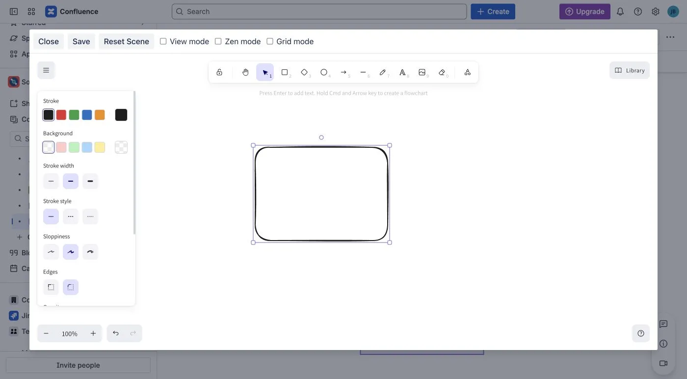 Excalidraw editor showing its shape toolbar, style controls, and Save action