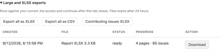 Background export options and a ready XLSX job with a Download action
