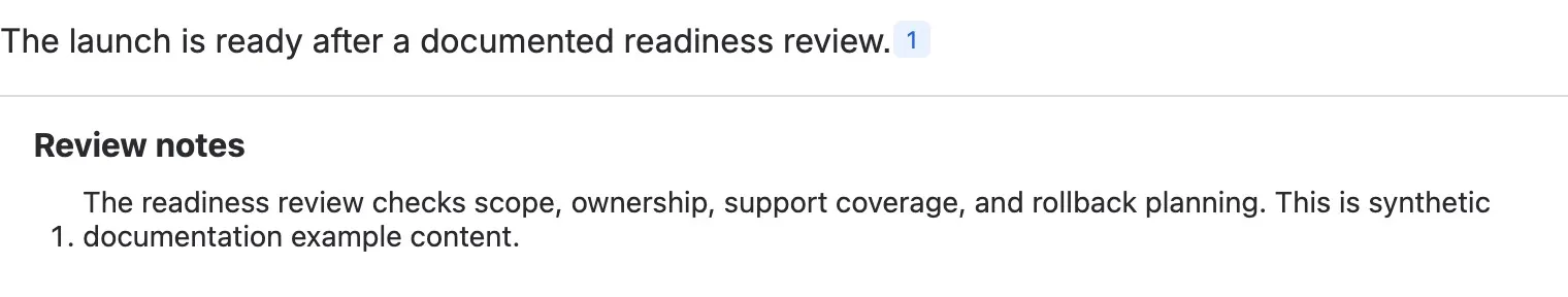 A published readiness-review sentence with Footnote 1 and its collected Review notes entry