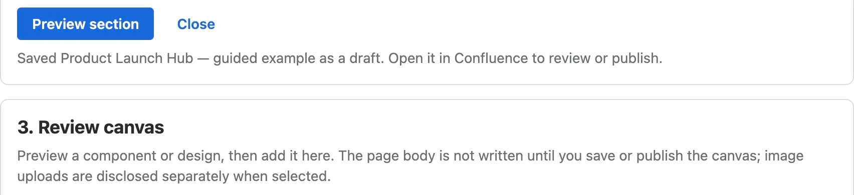 Composer confirms that Product Launch Hub — guided example was saved as a draft
