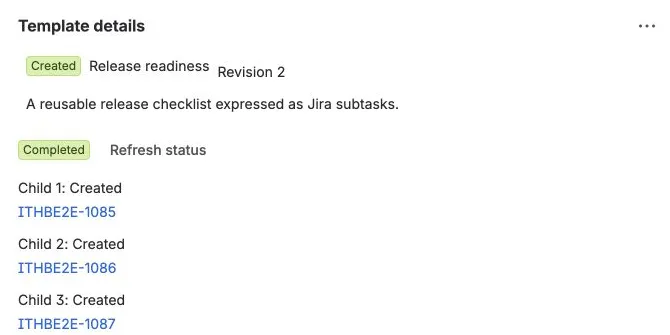 A completed Create example records Created origin, template revision, and three child outcomes