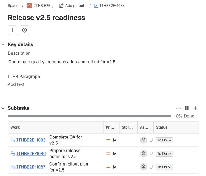 The new Jira issue contains the resolved description and the three subtasks