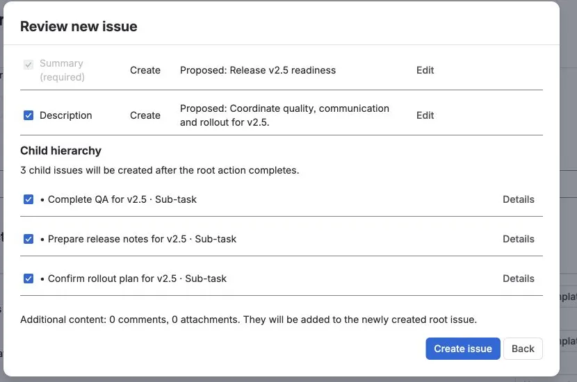 The starter preview shows the resolved root values and three selected subtasks