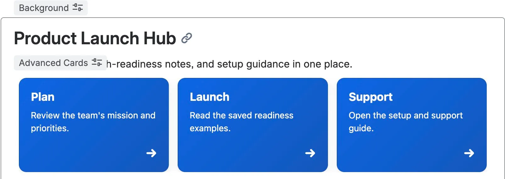 Reopened Confluence editor retains the Product Launch Hub heading and Plan, Launch, and Support cards