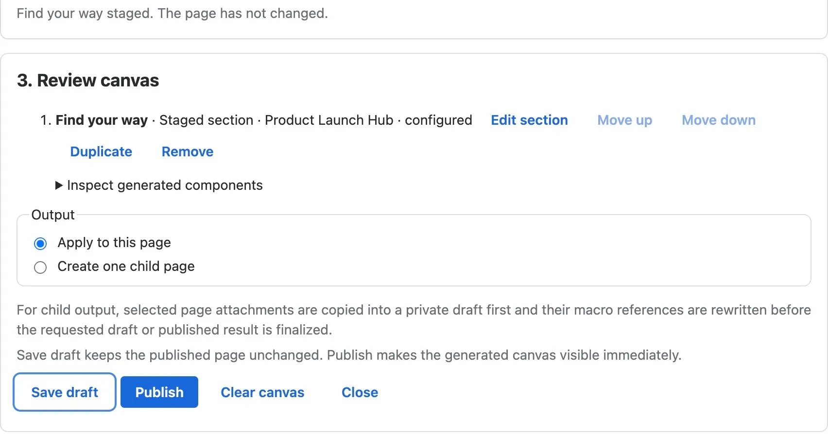 Review canvas displays the staged Product Launch Hub, Apply to this page, and separate Save draft and Publish controls