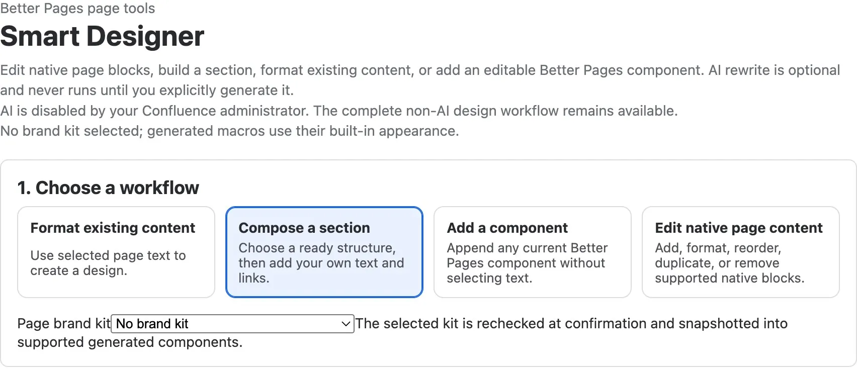 Composer offers four workflows, with Compose a section selected and no Brand Kit selected
