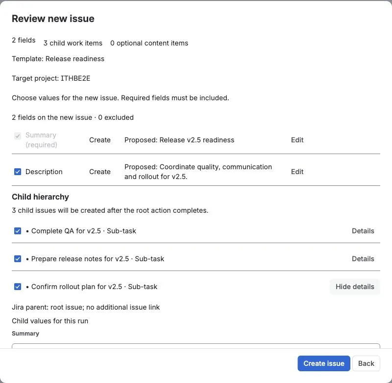 Preview the selected Jira parent before creating the hierarchy