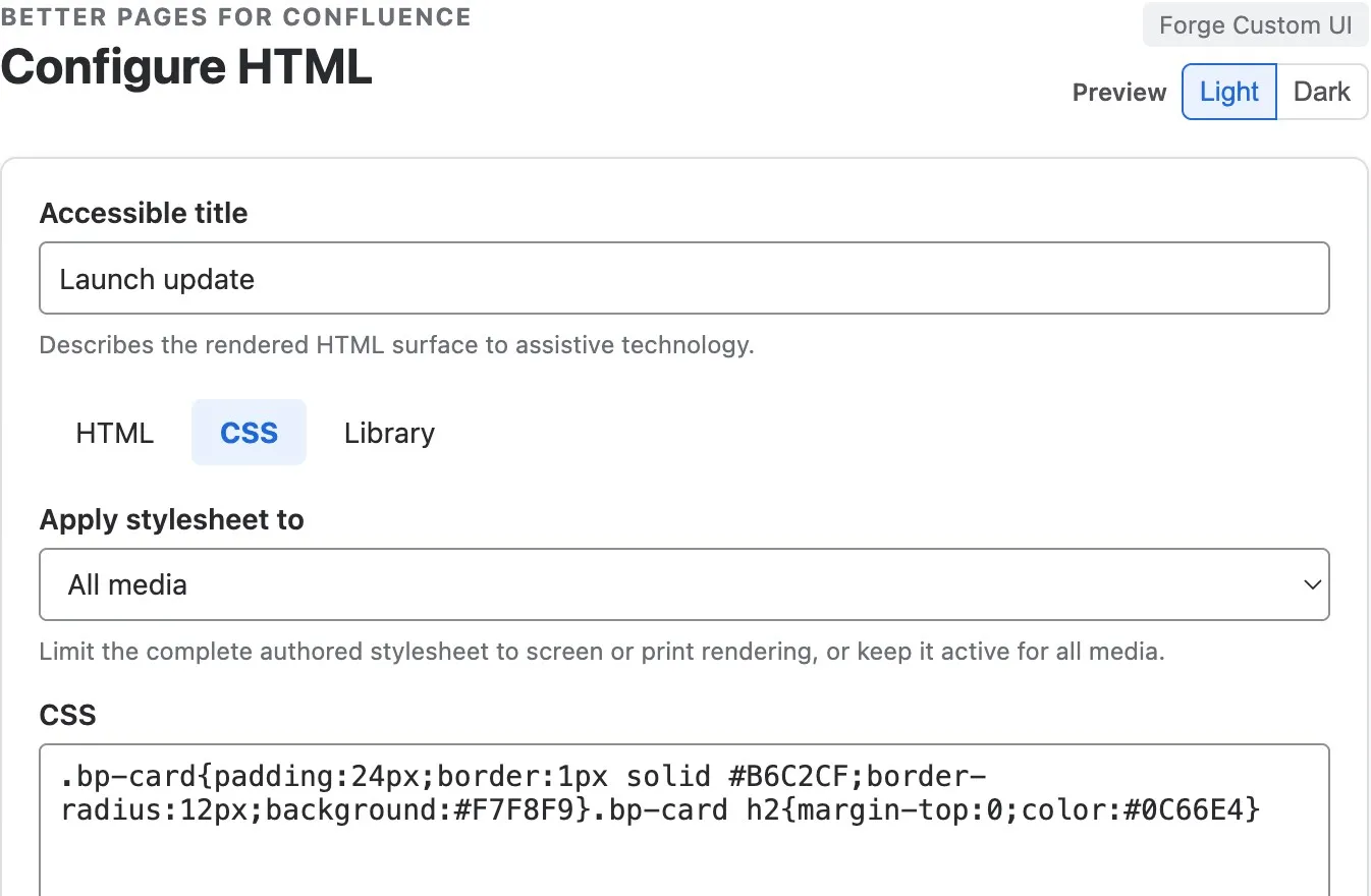 CSS editor with the All media choice and local card styles