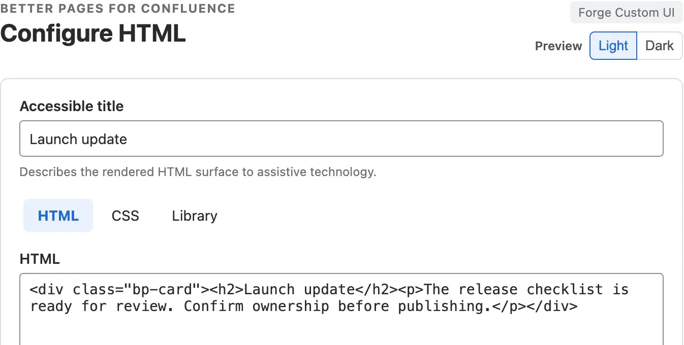 HTML editor containing a Launch update heading and readiness paragraph