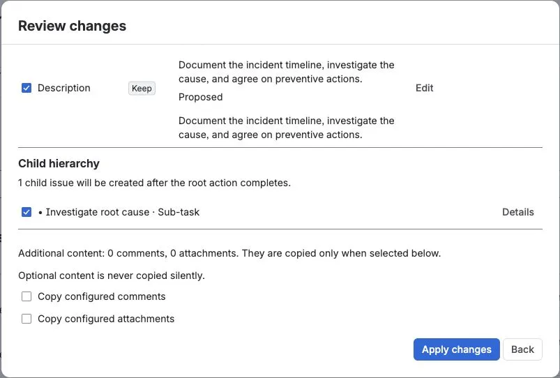 A second Apply preview shows Keep decisions and one selected follow-up subtask