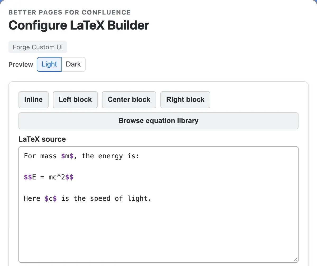 LaTeX Builder editor showing inline dollar delimiters and a double-dollar display equation in a mixed-text source