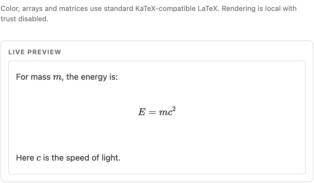 Live LaTeX preview rendering the source’s variables and centered equation