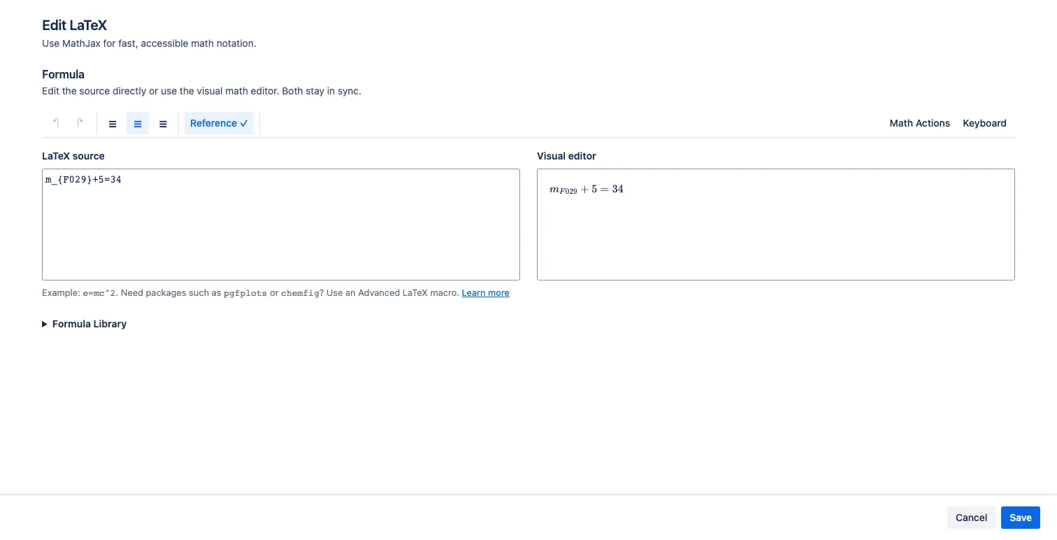 The LaTeX Math editor with grouped history, alignment, reference, and authoring controls