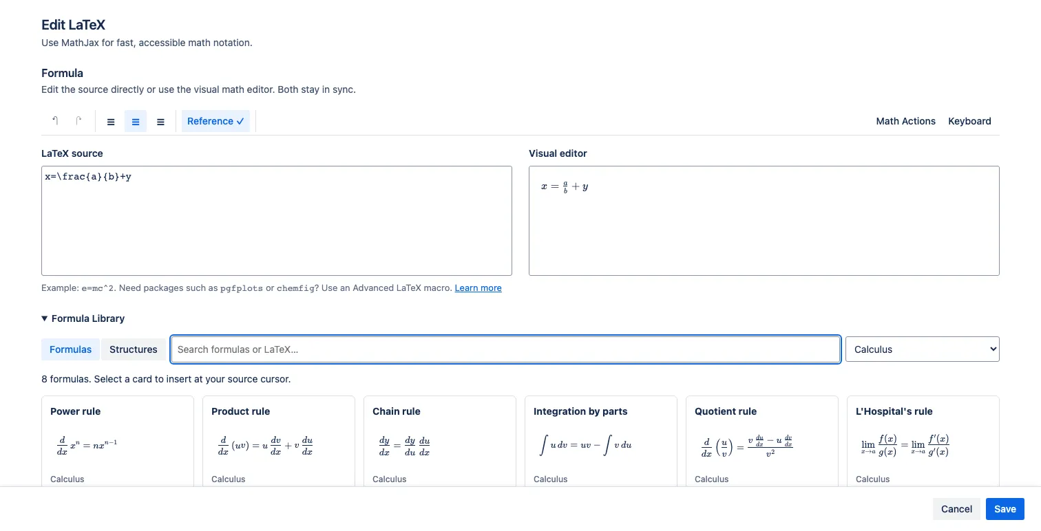 Formula Library showing the Formulas view, search, category filter, and calculus cards