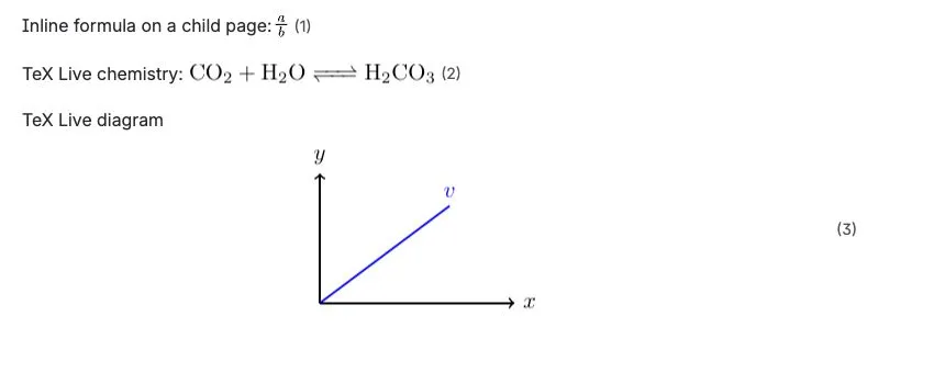 A published Confluence page showing an inline MathJax fraction, a TeX Live chemistry equation, and a TeX Live vector diagram