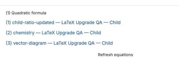 A published equation list linking to numbered equations on the current page and a child page