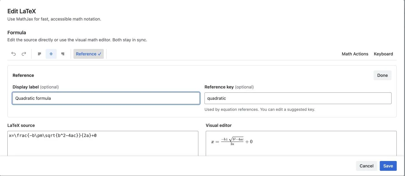 The formula Reference panel with separate Display label and Reference key fields
