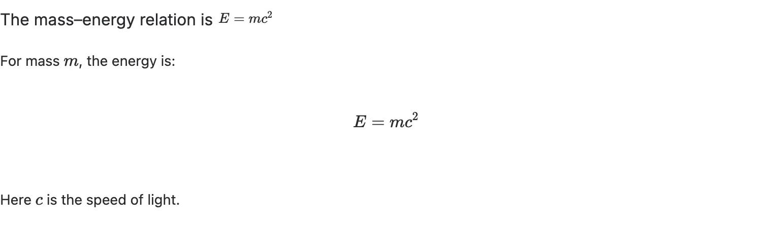 Published technical prose contains an inline mass–energy equation and a separate LaTeX Builder explanation