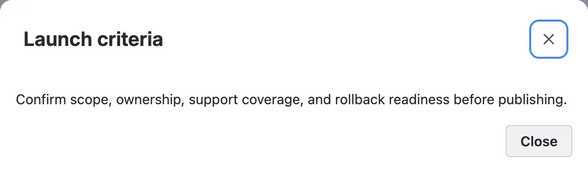 Opened Launch criteria dialog with the saved scope, ownership, support, and rollback guidance and its Close controls