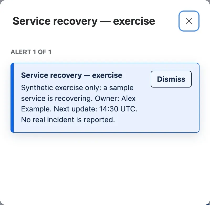The synthetic recovery alert opens in a dialog and repeats the owner and next update
