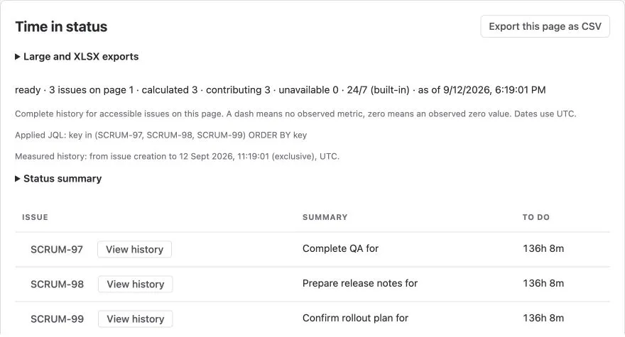 Time in Status report showing three issue rows, their status duration and View history actions
