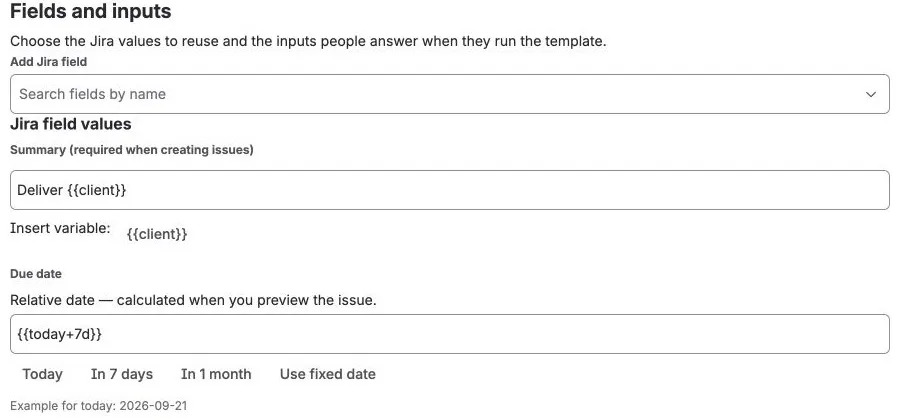 A text variable and relative date in Fields and inputs