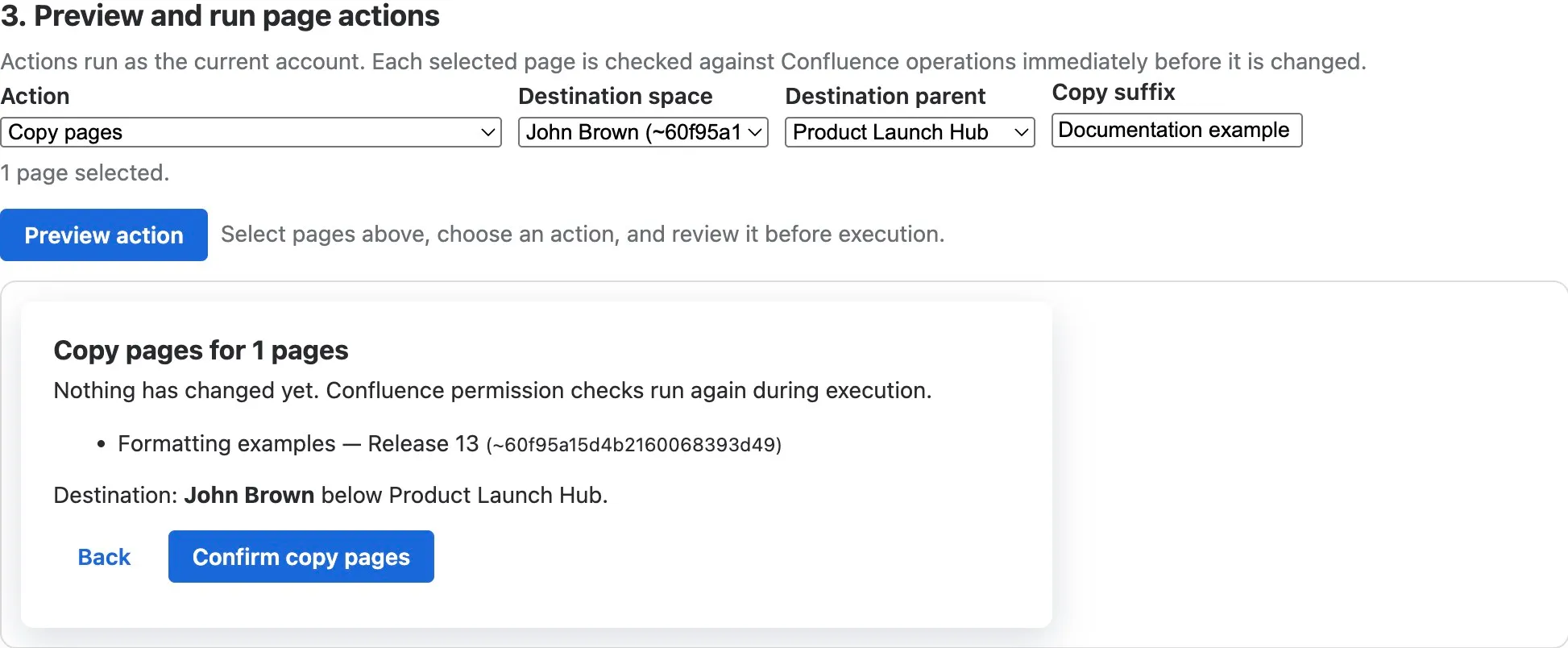 Copy preview lists one exact page and a John Brown destination below Product Launch Hub, with Back and Confirm copy pages controls