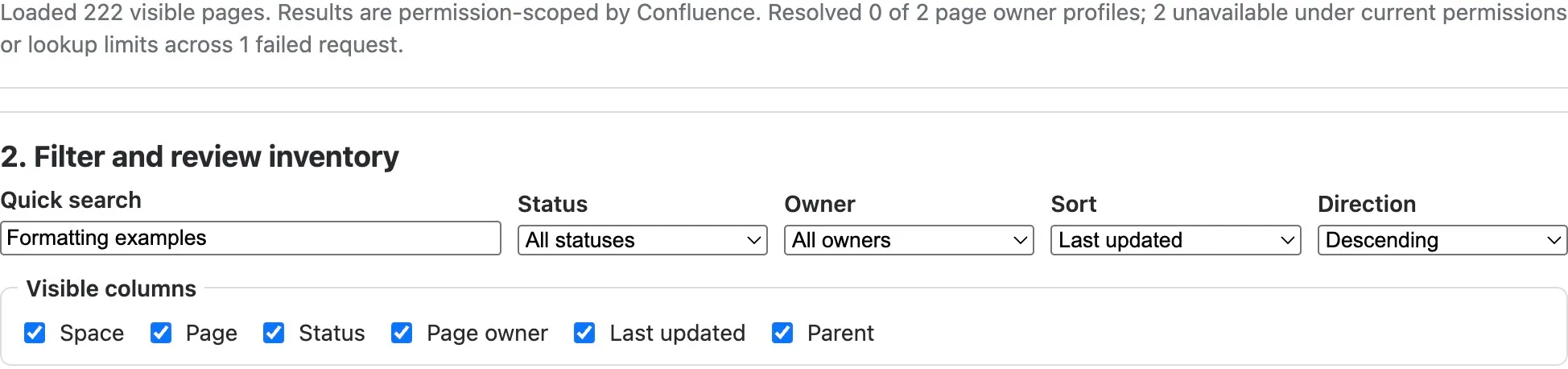 Space Manager filters the inventory by Formatting examples and shows six selectable visible columns with an owner-profile lookup warning