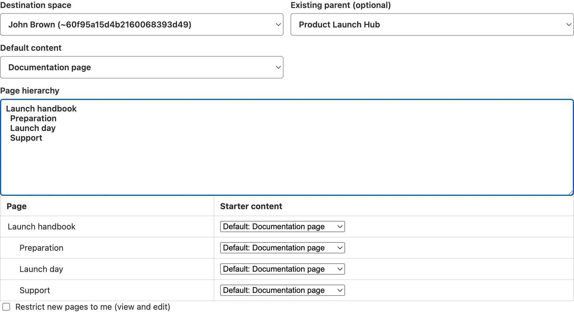 Hierarchy configuration shows the destination space, Product Launch Hub parent, Documentation page starter, and indented four-page outline