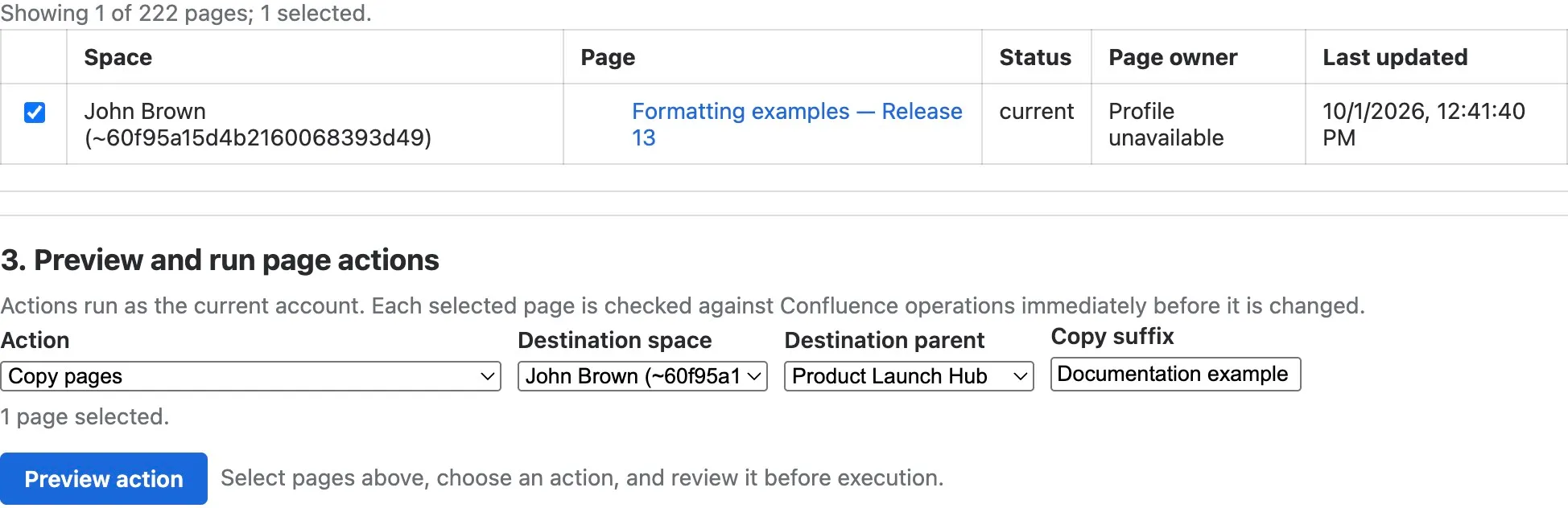 One synthetic published page is selected with its status and last-updated date, followed by copy destination controls