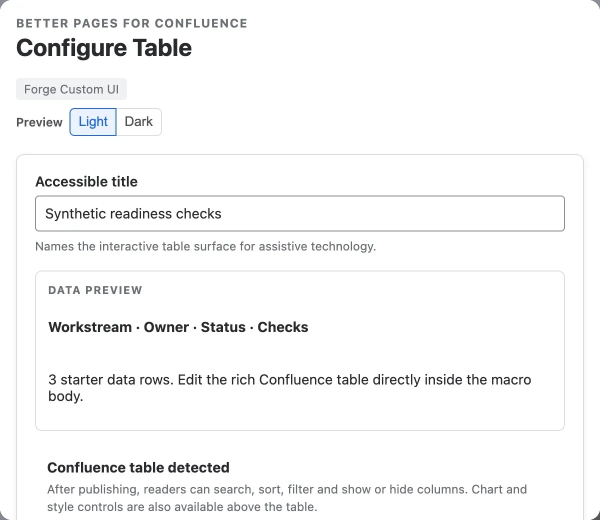 Table configuration with an accessible title and the rich Confluence source table