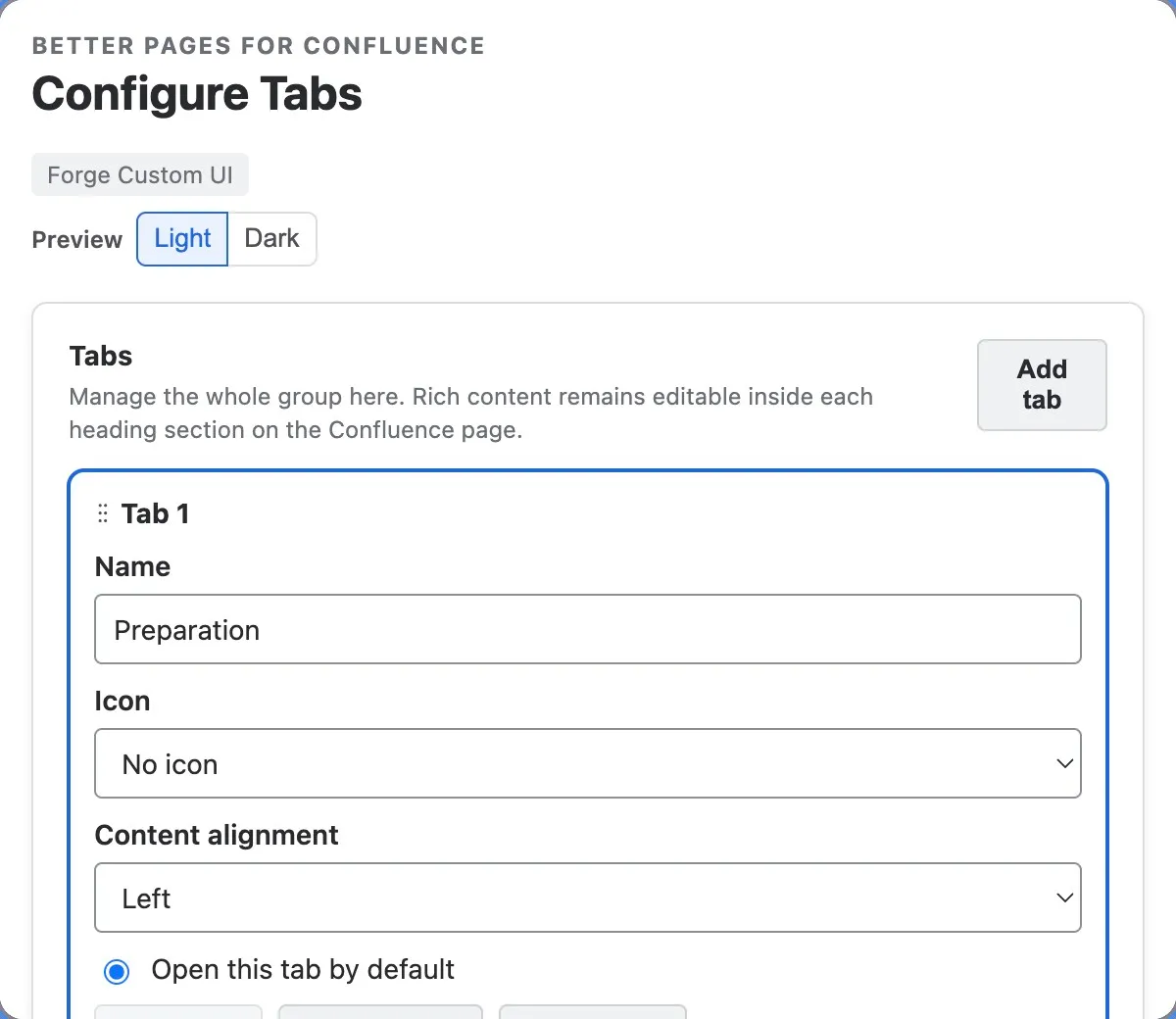 New Tabs group configuration with Add tab, the Preparation label, alignment, and default-tab choice